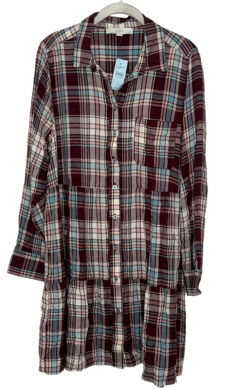 LOFT Plaid Burgundy Button Up Shirt Tiered Long Sleeve Dress Size LP NWT